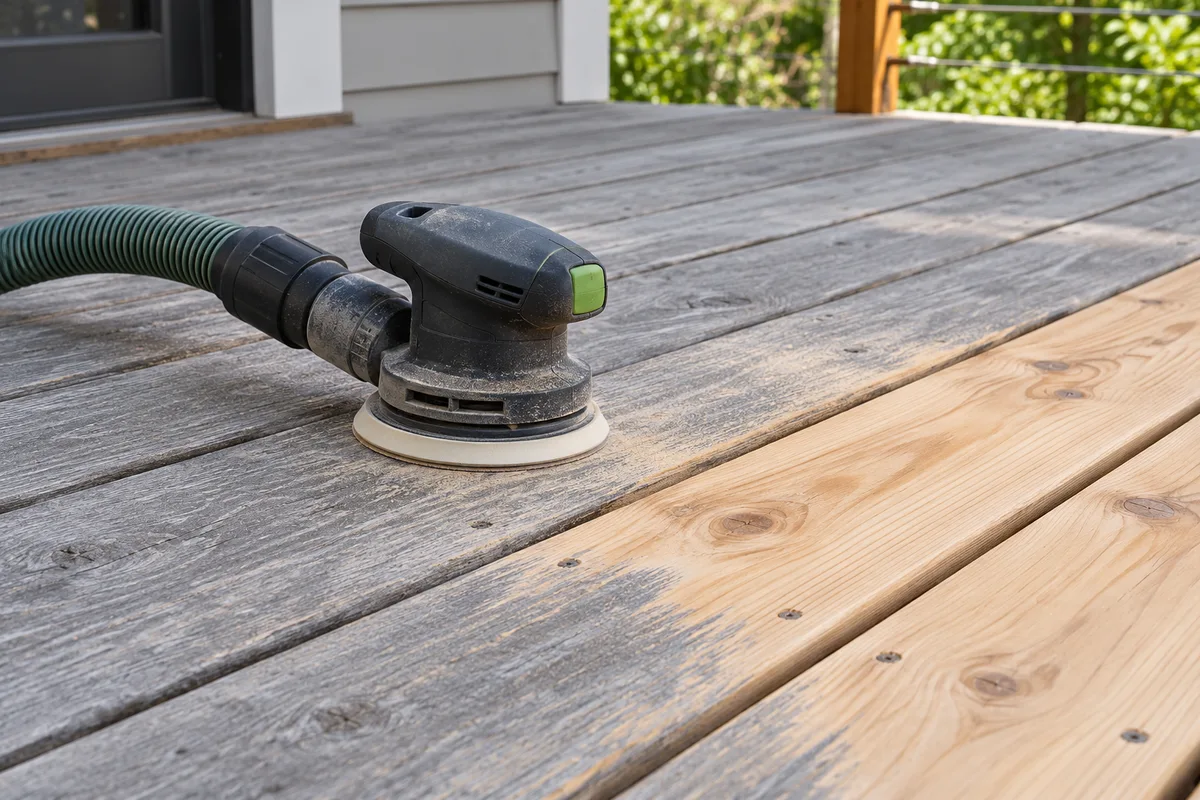 Illustrative Orbital sander with extraction hose on weathered deck boards